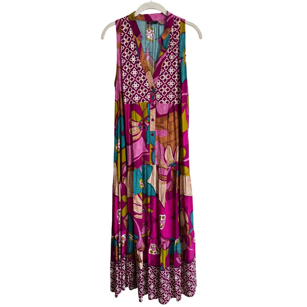 Roman Maxi Dress SZ 10 Multi Color Mixed Print Tiered Flowy Tropical Summer Boho